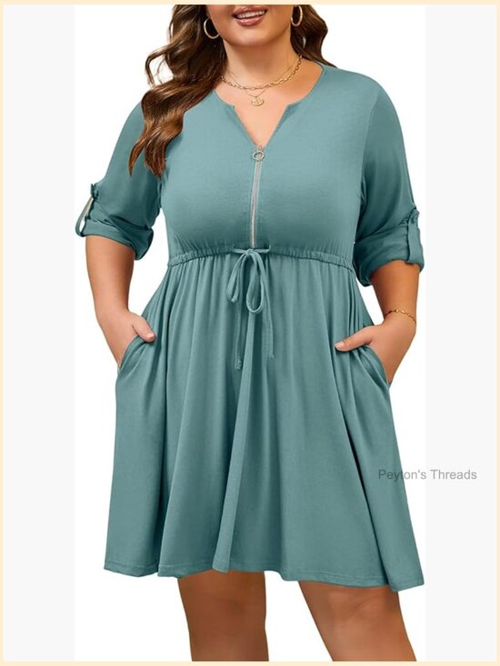 Dresses & Skirts - Plus Size Casual Roll Up 3/4 Sleeve V Neck Zipper Tie Waist Flowy Dress with